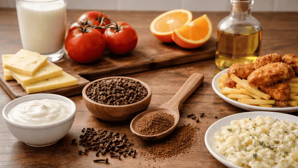 cloves with milk, cheese, tomatoes, oranges, fried food, and creamy dishes on a wooden kitchen counter showing food combinations to avoid