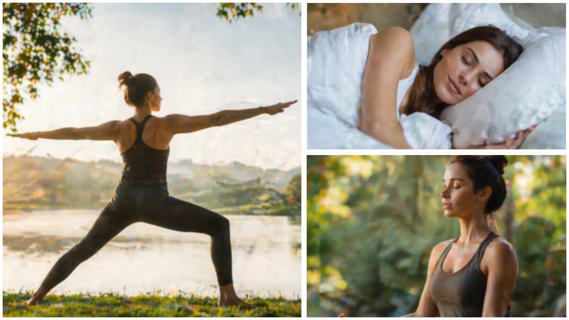 collage of a woman doing outdoor yoga, a woman sleeping peacefully, and a woman meditating in nature