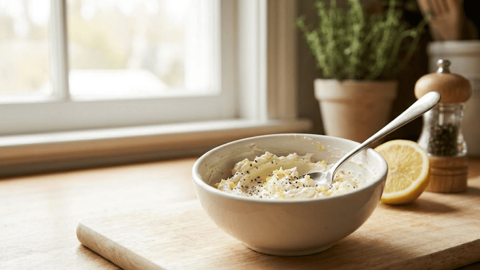 creamy white spread being mixed in a small white bowl with lemon and pepper on a wooden counter