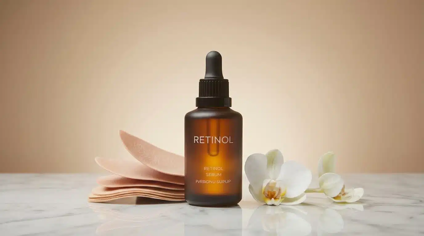 dark retinol serum bottle with 0.025% label in sleek modern design with bold tones (1)