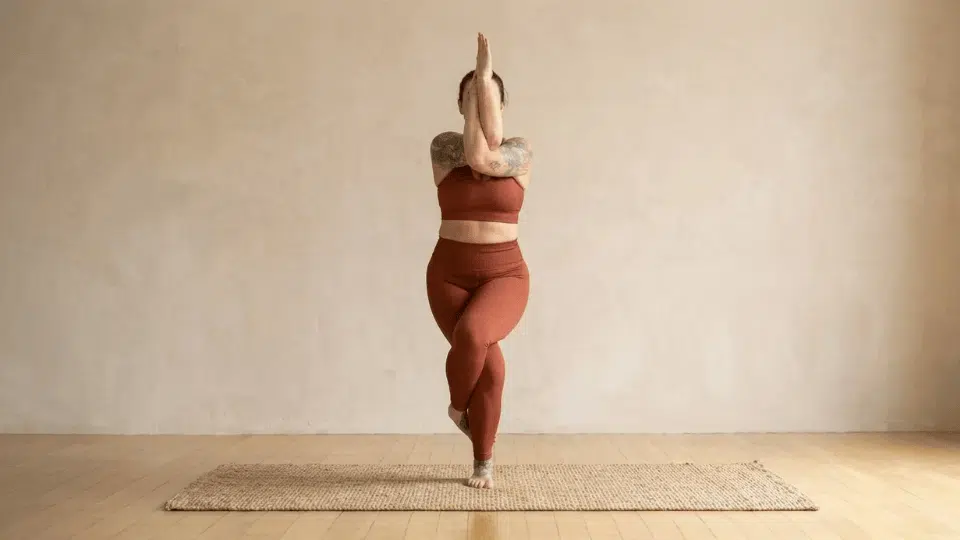 eagle pose garudasana balancing on one leg with arms and legs wrapped improving coordination focus and hip stability