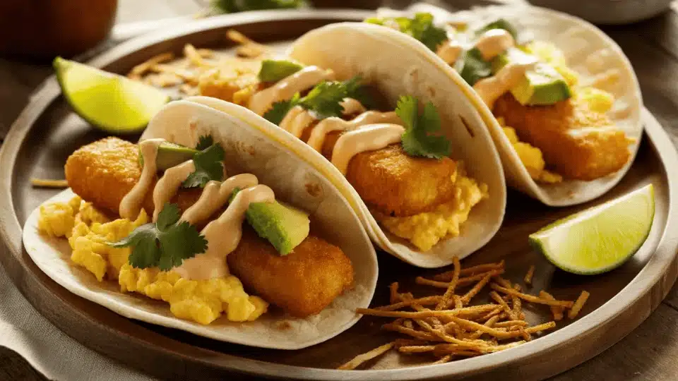 fish tacos with crispy fish, scrambled eggs, cilantro, and creamy sauce served with lime wedges