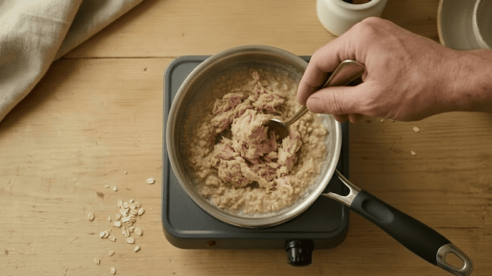 flaked tuna mixed into savory oatmeal in a saucepan on a light wooden kitchen counter