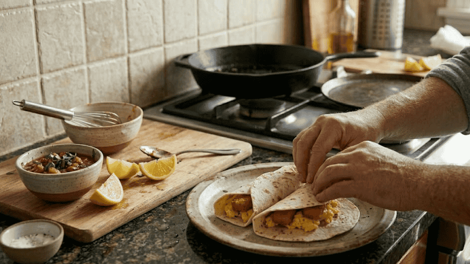 folding a finished fish stick and egg taco on a plate with fresh lemon wedges on the side