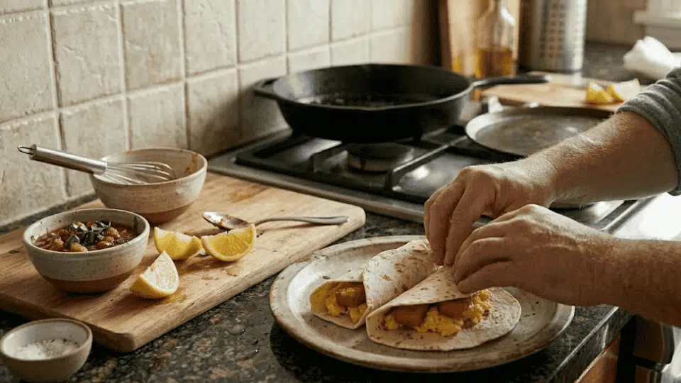 folding a finished fish stick and egg taco on a plate with fresh lemon wedges on the side