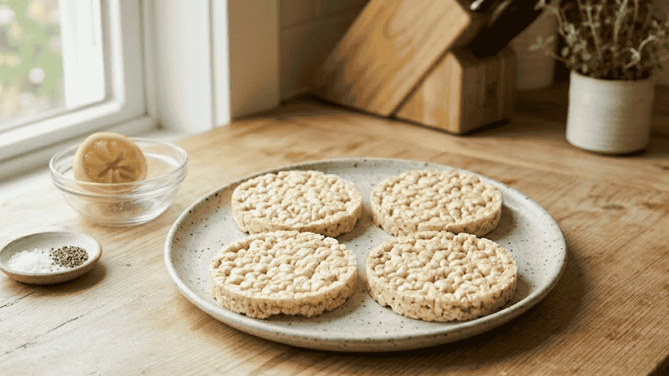 four circular puffed rice cakes arranged on a speckled ceramic plate on a sunny wooden countertop