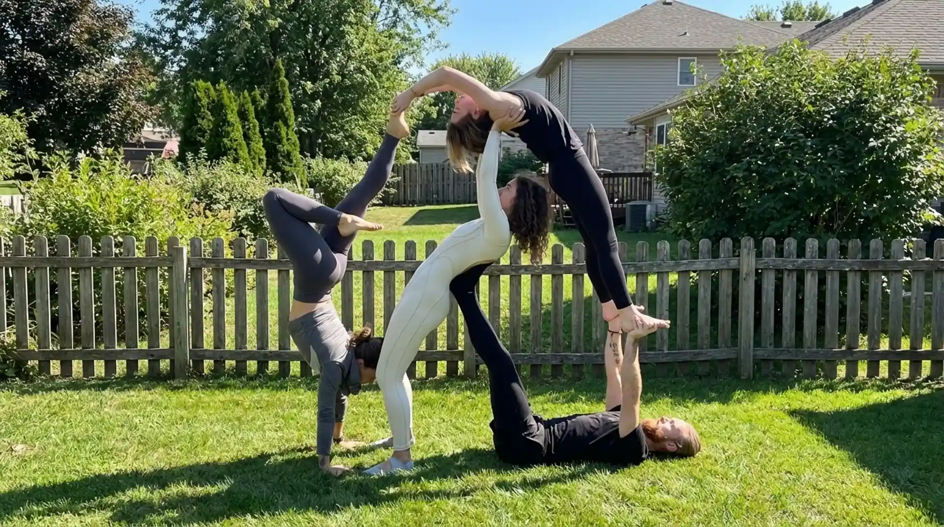 four people performing advanced acro yoga pose outdoors, combining backbend, handstand, and balance with core control