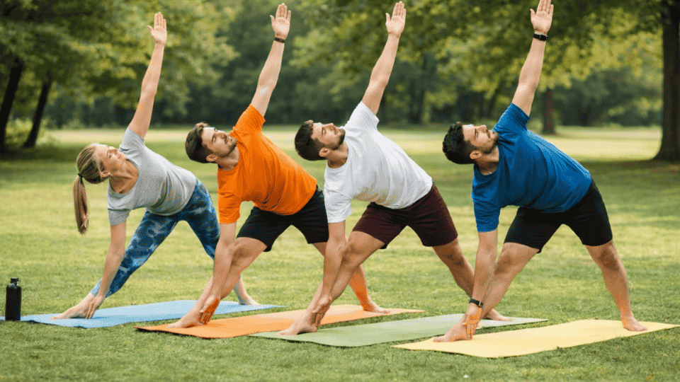 four people practicing triangle yoga pose outdoors on mats, aligned in a row with arms extended and balanced posture