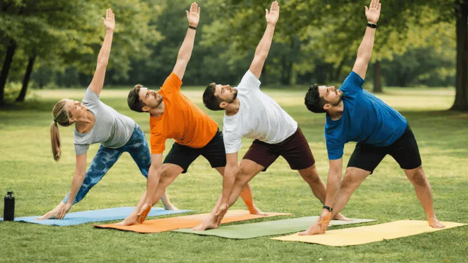 four people practicing triangle yoga pose outdoors on mats, aligned in a row with arms extended and balanced posture