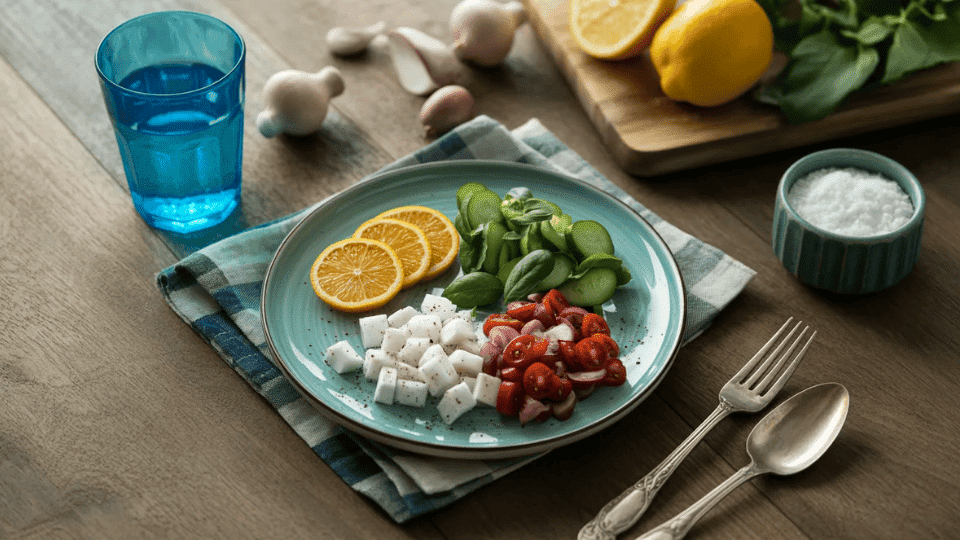 fresh salad plate with vegetables feta and a small bowl of white salt on wooden table