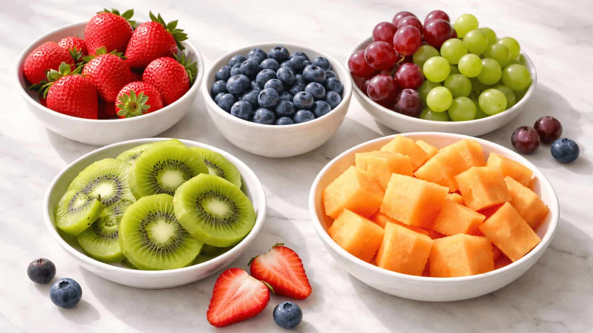 fresh sibo-friendly fruits including strawberries, blueberries, kiwi, grapes and cantaloupe on white ceramic surface