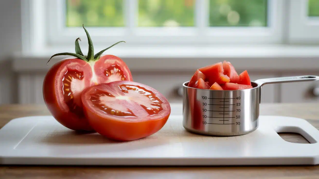 fresh tomato sliced in half with diced tomatoes in a small bowl on a cutting board in a bright kitchen