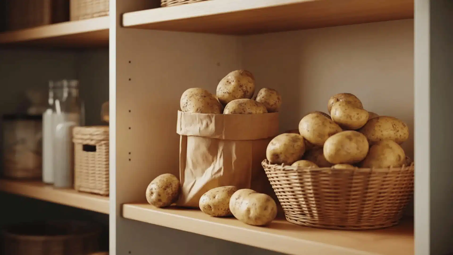 fresh yellow potatoes stored in a mesh basket and paper bag on a cool dark pantry shelf
