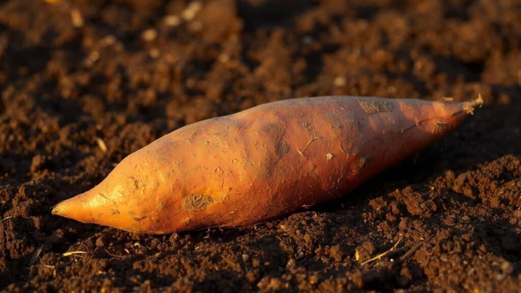 freshly harvested sweet potato lies on dark, fertile soil, glowing under the warm, natural light of a setting sun