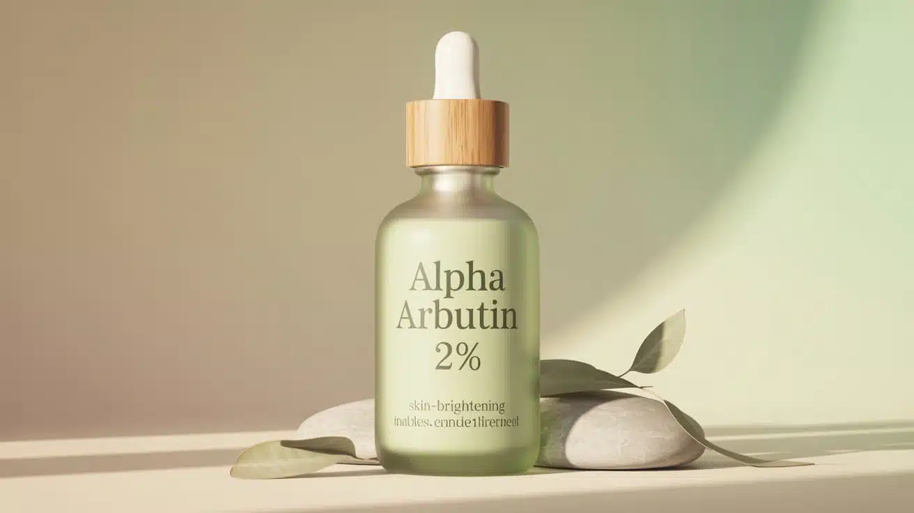 gentle alpha arbutin serum bottle with 2% label in earthy tones like beige and green