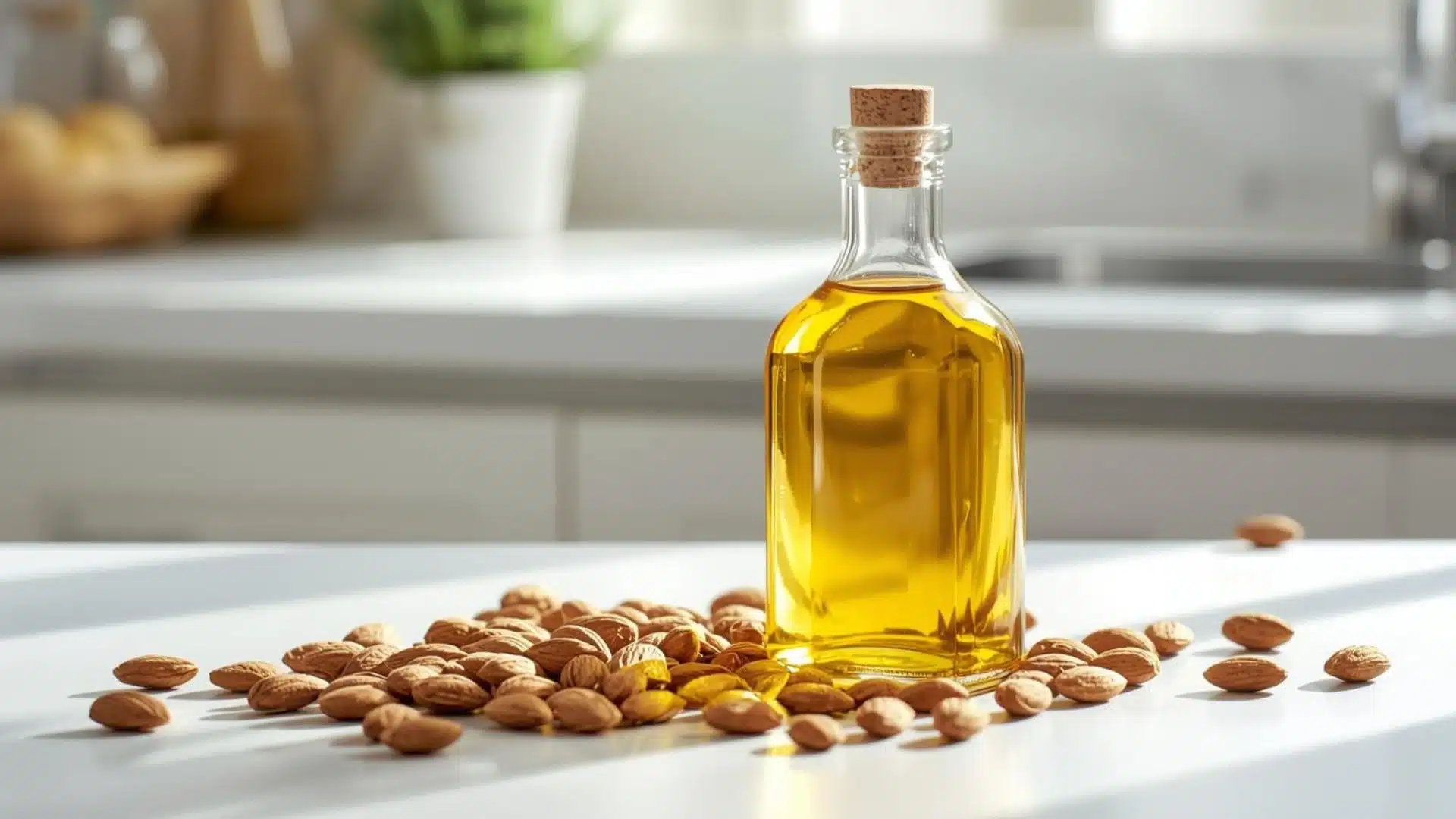 glass bottle of golden almond oil with a cork stopper stands amidst a scattered pile of raw, whole almonds