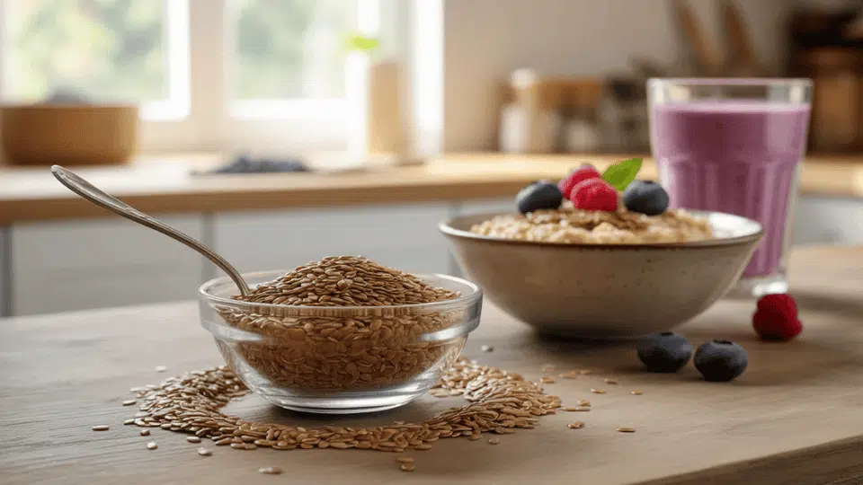glass bowl of flaxseeds with spoon, oatmeal topped with berries, and a smoothie on a sunlit kitchen table