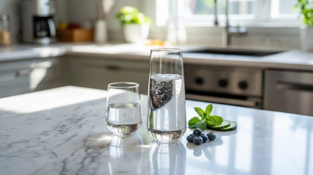 glass of sparkling water and still water on a kitchen counter with mint, cucumber slices, and blueberries