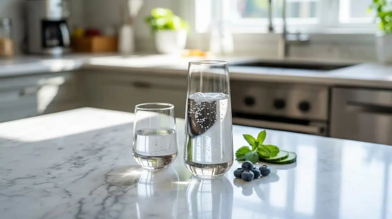 glass of sparkling water and still water on a kitchen counter with mint, cucumber slices, and blueberries
