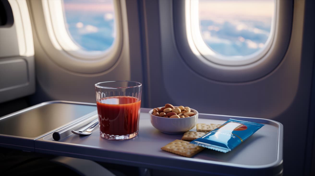 glass of tomato juice on an airplane tray table with mixed nuts and crackers, airplane window in the background