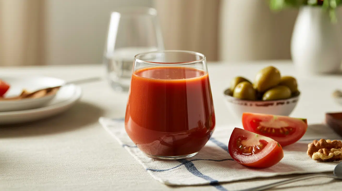 glass of tomato juice with tomato slices, olives, and nuts on a clean dining table with natural lighting