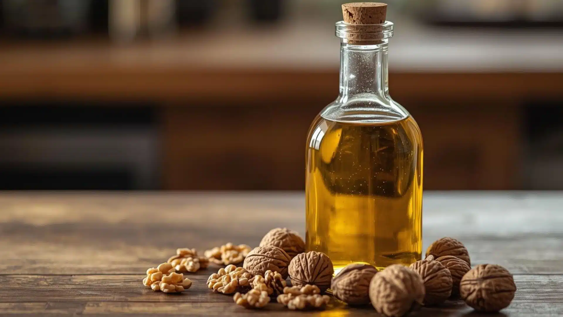 golden walnut oil with a cork stopper sits on a wooden table surrounded by whole walnuts
