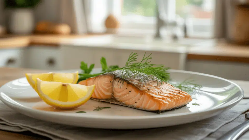 grilled salmon fillet with lemon wedges and fresh dill on a white plate in a sunlit kitchen