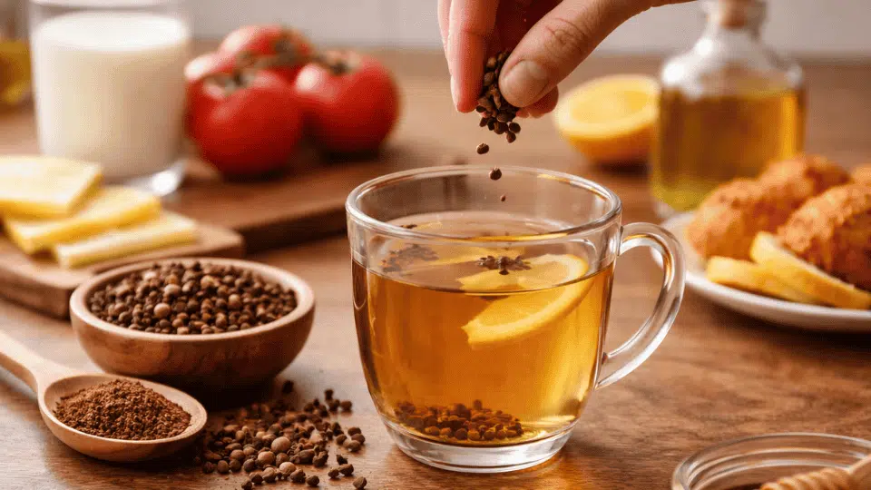 hand adding a few cloves to warm clove water with lemon, surrounded by milk, tomatoes, and fried food in a home kitchen setting