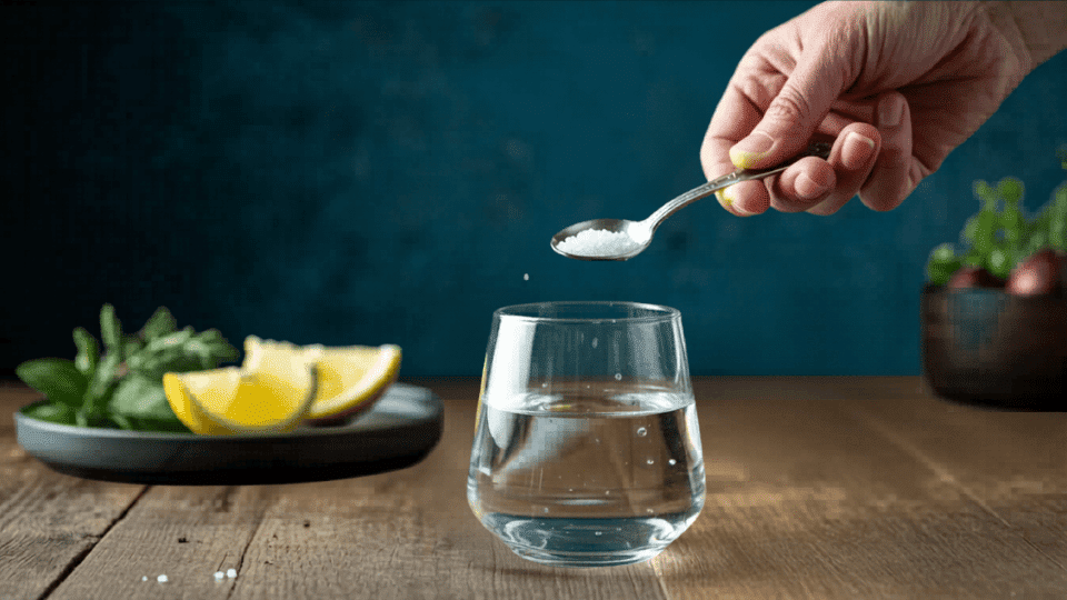 hand adding a spoonful of salt to a glass of water on wooden table