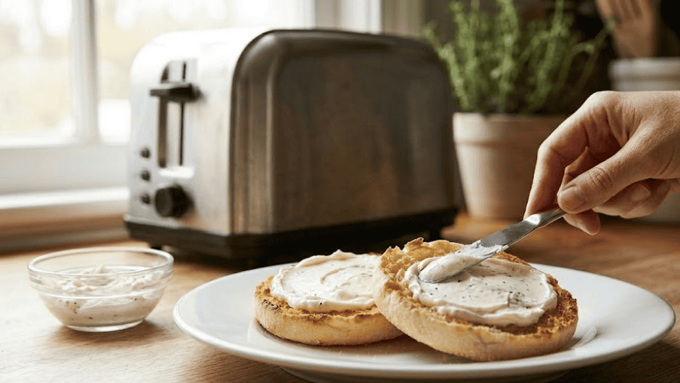 hand spreading smooth white cream cheese over two golden toasted english muffin halves