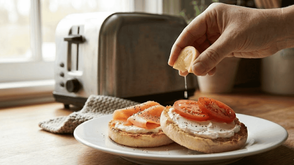 hand squeezing fresh lemon juice over smoked salmon and cream cheese on a toasted muffin