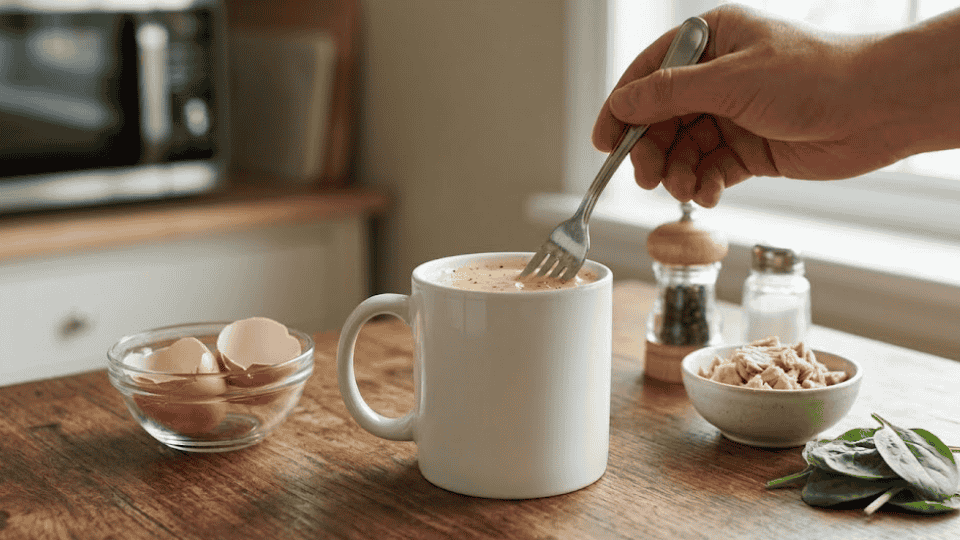 hand whisking cracked eggs with salt and pepper in a white mug using a silver fork (1)