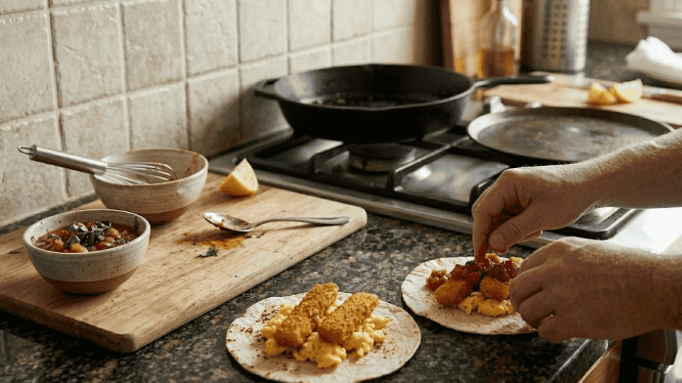 hands assembling breakfast tacos with scrambled eggs, fish sticks, and fresh salsa