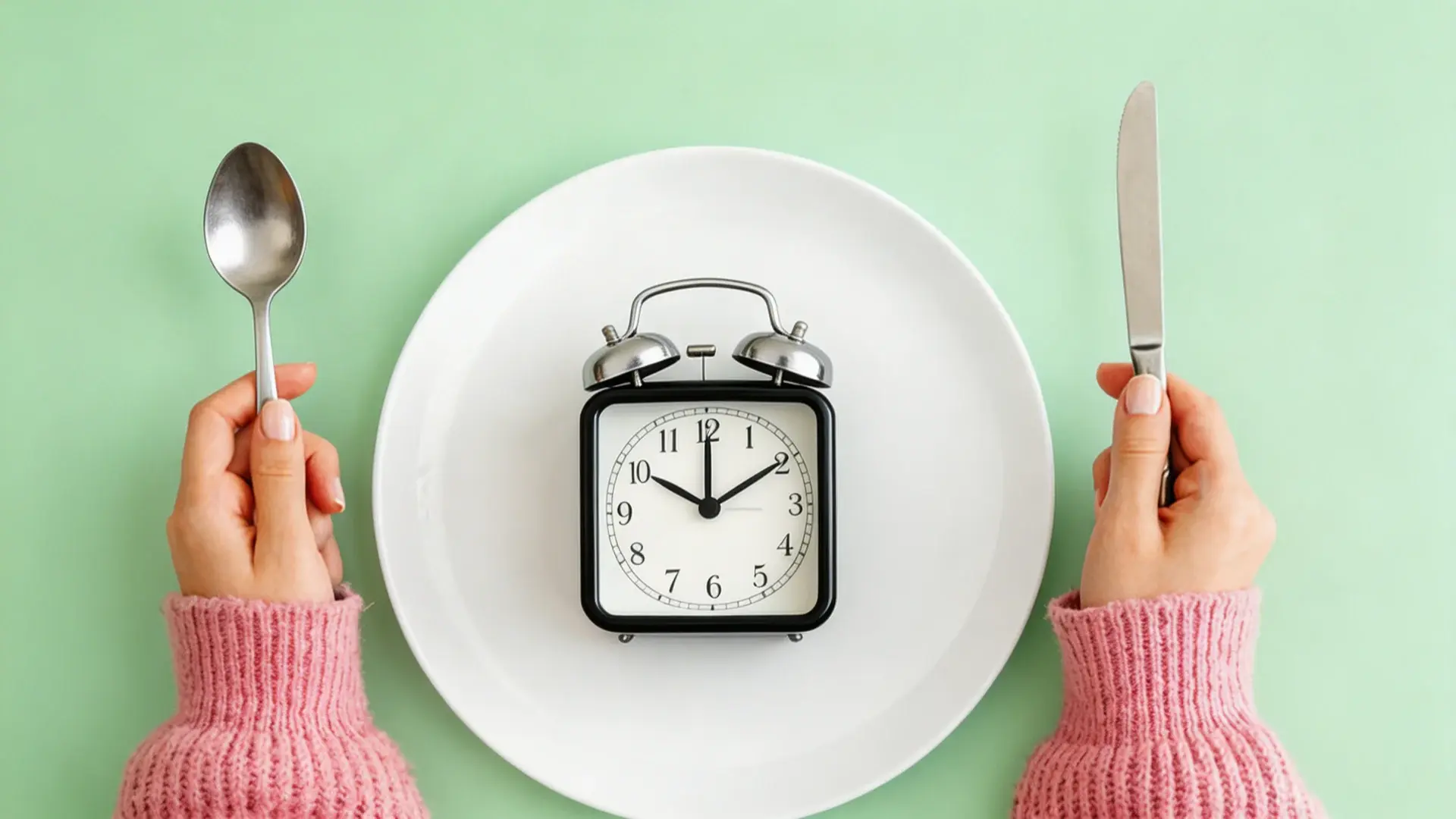 hands in a pink sweater holding a spoon and knife around a white plate with an alarm clock on a green background