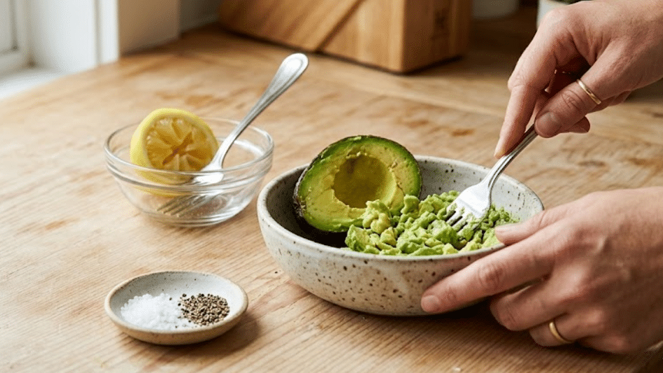hands mashing avocado with a fork in a ceramic bowl on a wooden counter next to lemon and seasoning