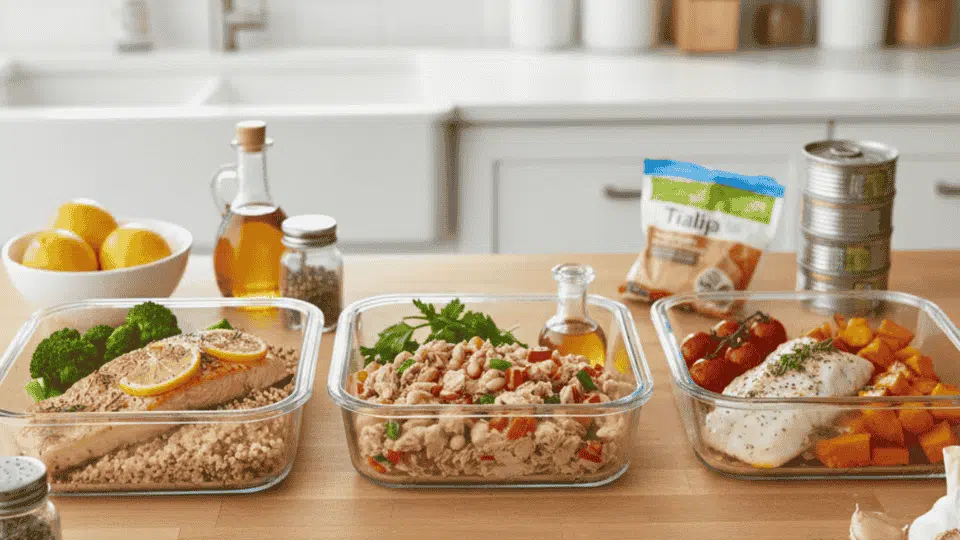 healthy fish recipes meal prep with salmon, tuna salad, and baked white fish with vegetables in glass containers