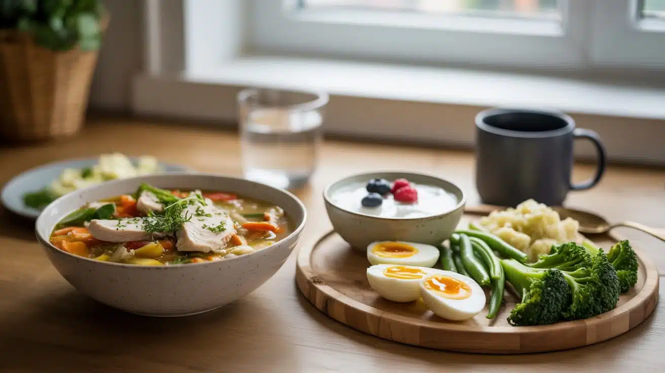 healthy low calorie meal with soup, eggs, yogurt, vegetables, and coffee on a clean kitchen table