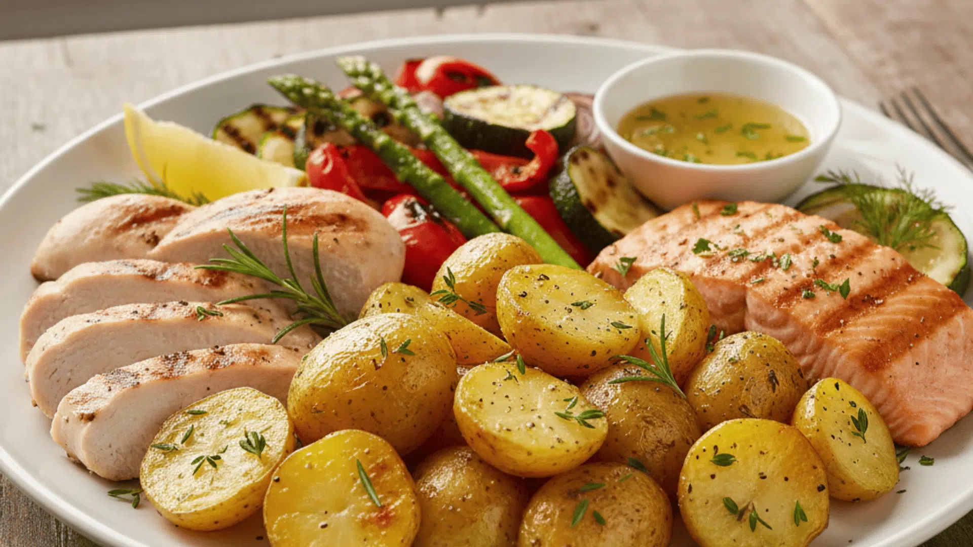 healthy meal with yellow potatoes as the main ingredient, paired with grilled vegetables, chicken, and fish