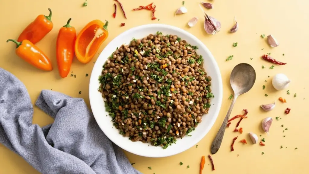 high-quality food photography shot of a blow with lentils and spoon with yellow backgroung