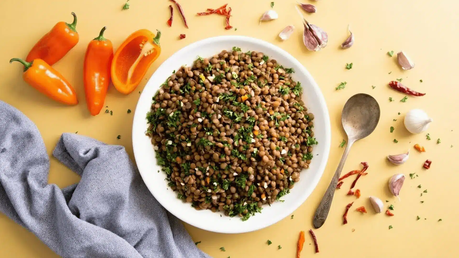 high-quality food photography shot of a blow with lentils and spoon with yellow backgroung
