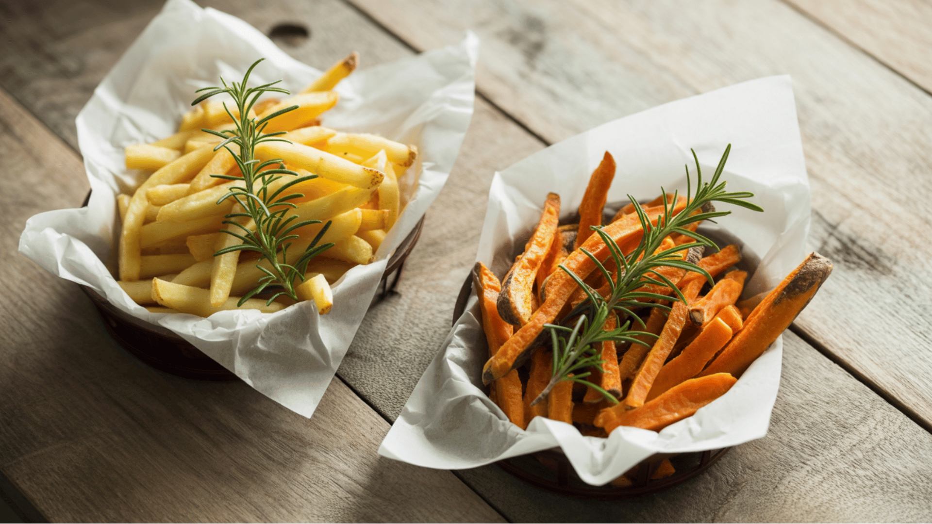 high-quality food photography shot of two types of french fries in white paper-lined containers on a weathered wooden surface