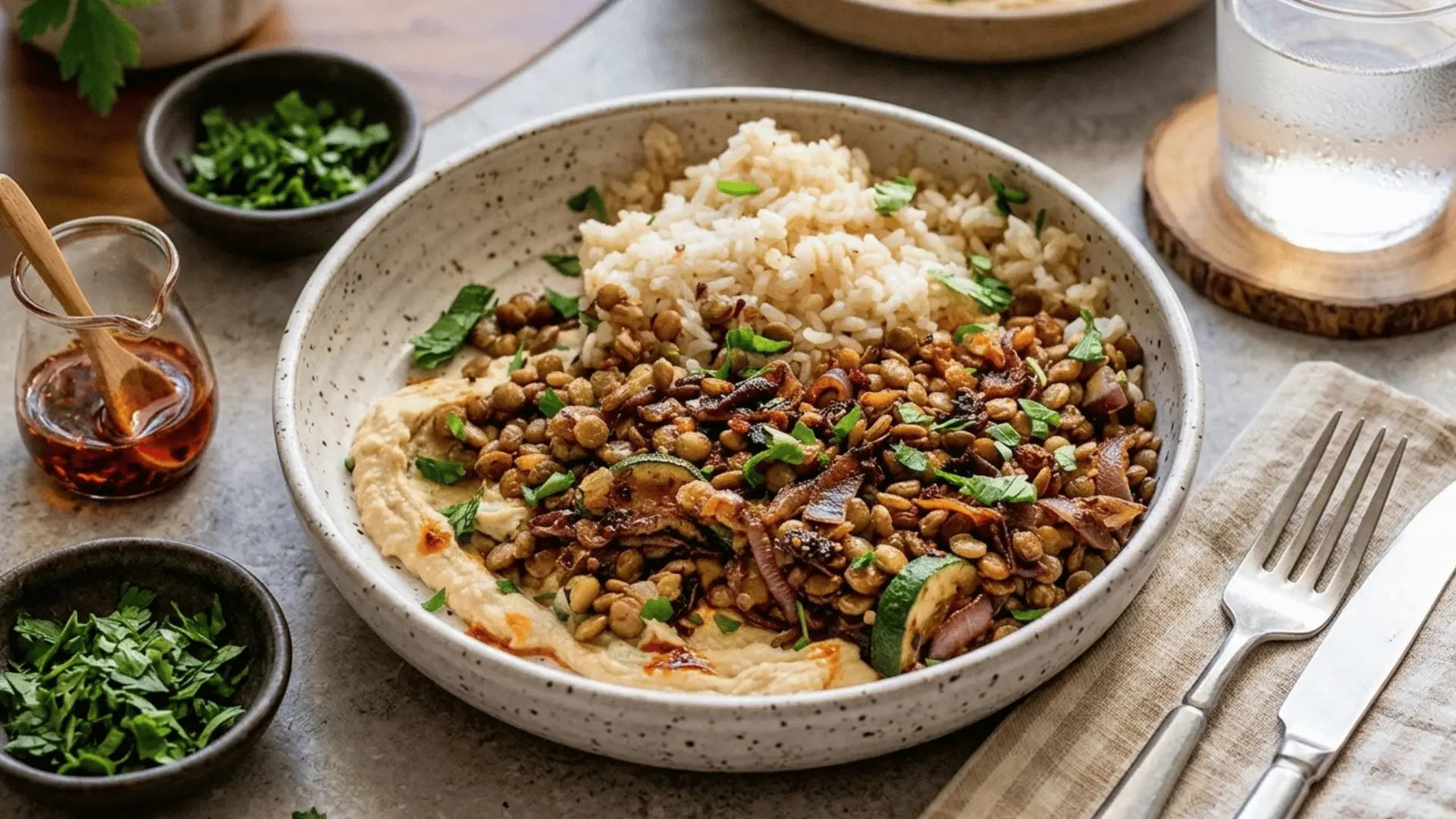 high quality picture of a blow half filled with rice and half made up of lentil meals more balanced
