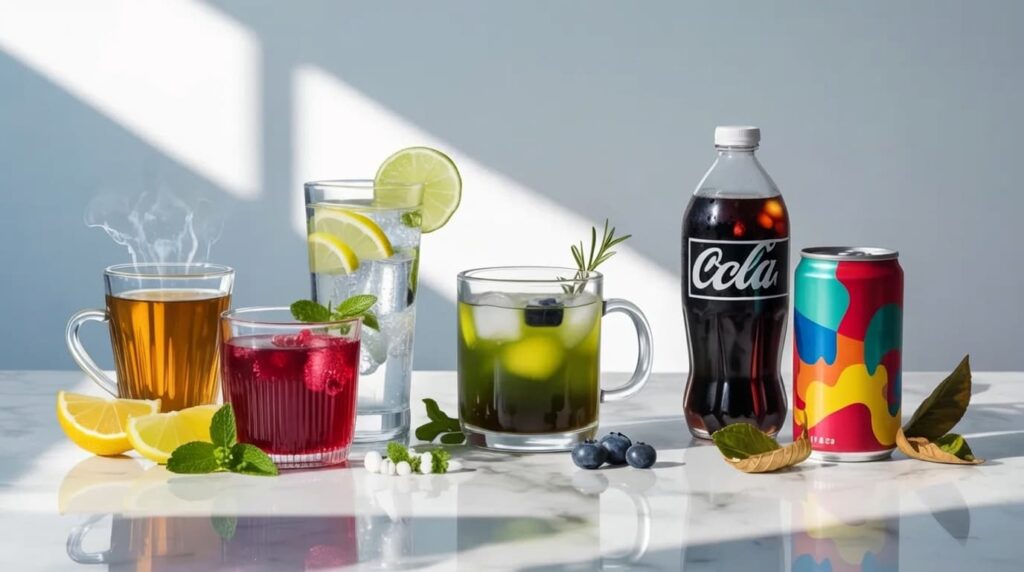 image of drinks for kidney health, best, neutral, and bad options with fruits, ice, and clear labeling