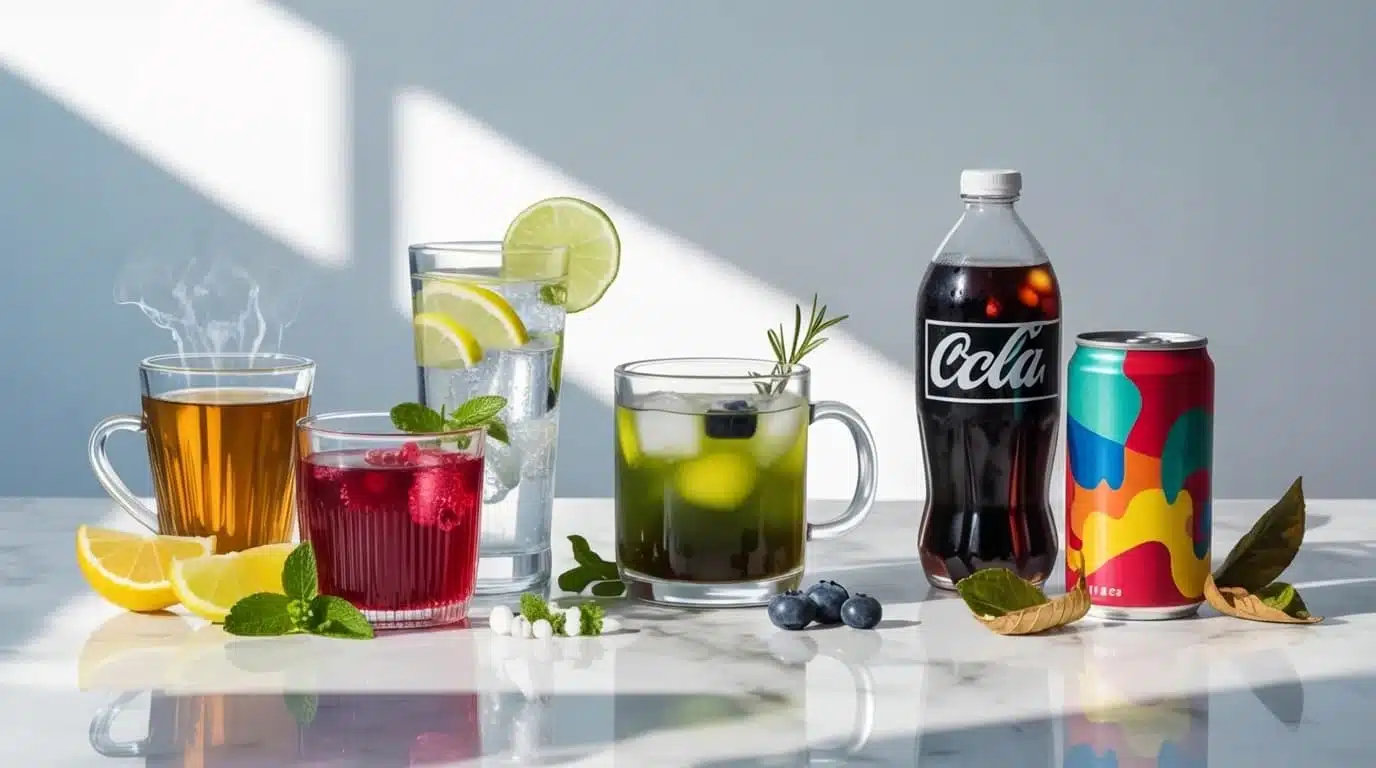 image of drinks for kidney health, best, neutral, and bad options with fruits, ice, and clear labeling