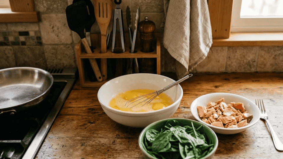 ingredients for salmon scramble on a wooden counter, whisked eggs, flaked salmon, spinach