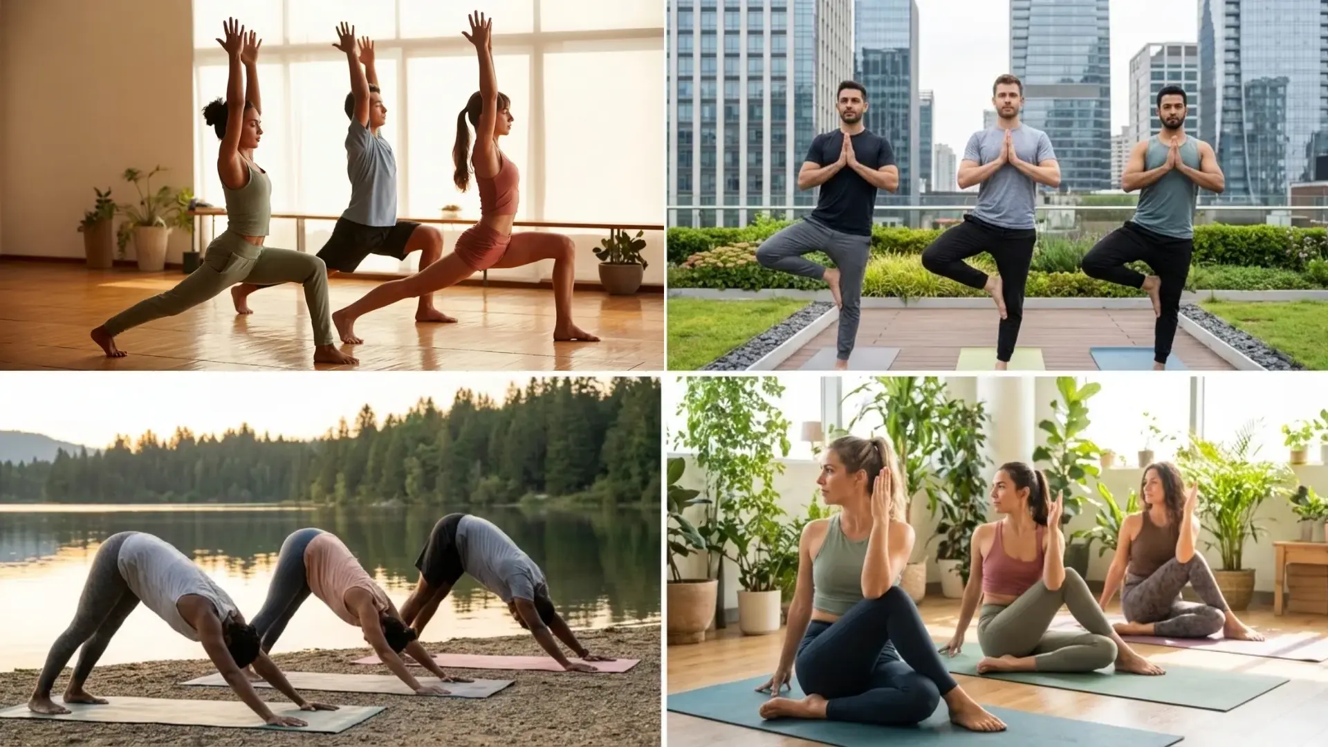 intermediate three people yoga poses like mountain warriors rooftop tree poses lakeside downward dogs and seated twists