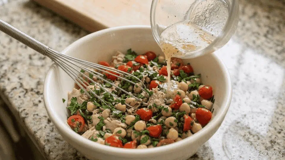 lemon and black pepper dressing poured from a glass cup over the salad with a whisk