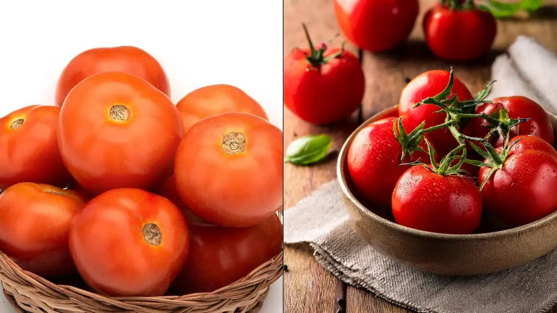 matte, orange-red tomatoes in a wicker basket and glossy, bright red vine tomatoes in a bowl