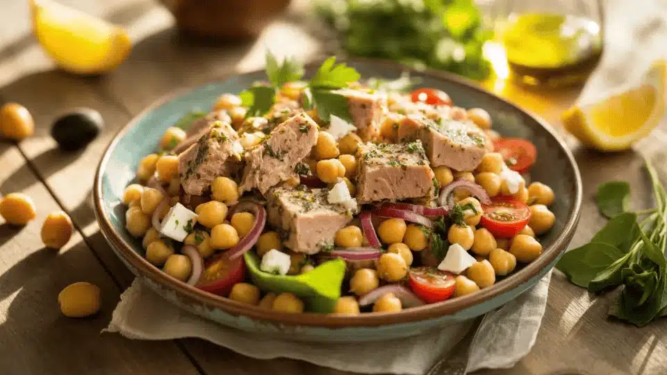mediterranean tuna chickpea salad with feta, cherry tomatoes, onion, and parsley on a turquoise plate