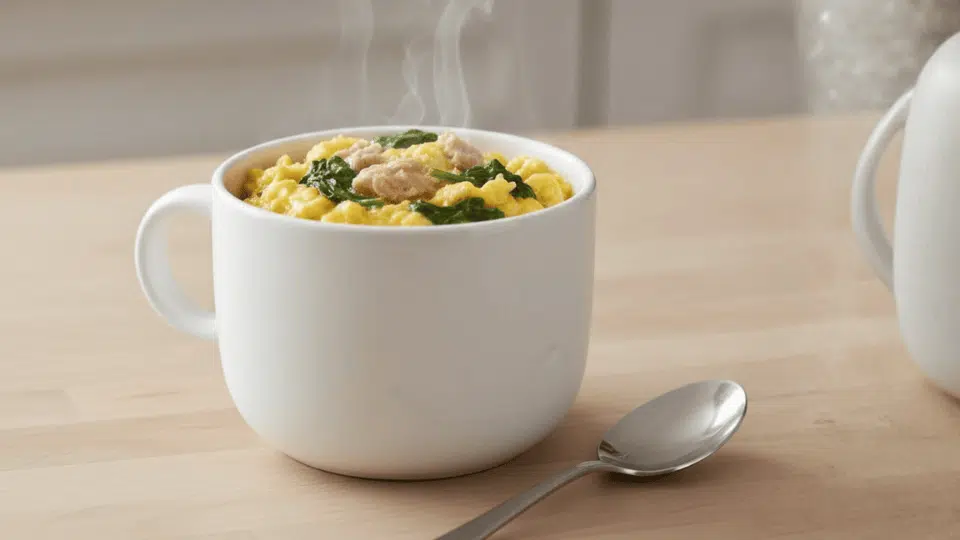 microwave mug egg with tuna and spinach in a white mug on a wooden surface with spoon beside it